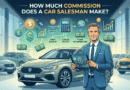 Illustration explaining How Much Commission Does a Car Salesman Make, featuring a car dealer in a showroom with financial graphics showing gross profit and unit bonuses.