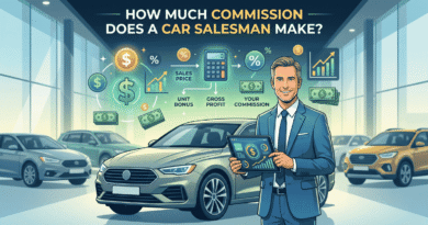 Illustration explaining How Much Commission Does a Car Salesman Make, featuring a car dealer in a showroom with financial graphics showing gross profit and unit bonuses.
