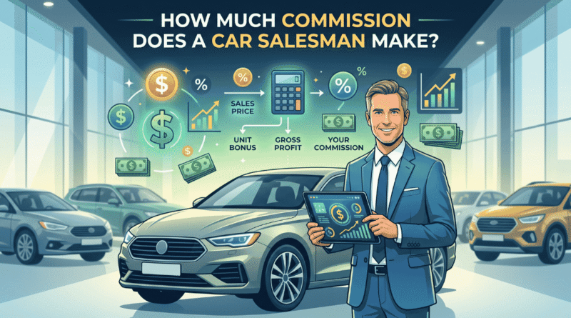 Illustration explaining How Much Commission Does a Car Salesman Make, featuring a car dealer in a showroom with financial graphics showing gross profit and unit bonuses.