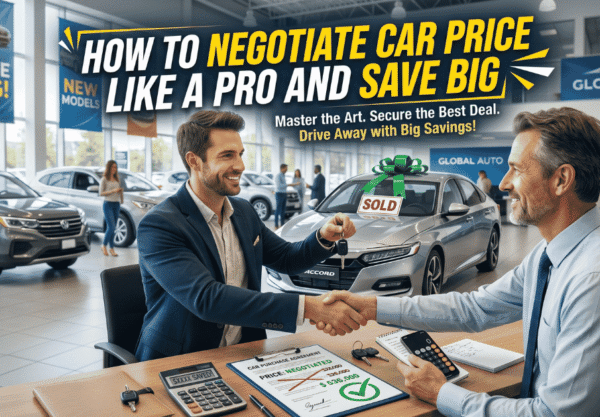 How to negotiate car price like a pro at a car dealership with a buyer and salesperson shaking hands after securing a great deal on a new vehicle.