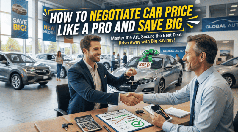 How to negotiate car price like a pro at a car dealership with a buyer and salesperson shaking hands after securing a great deal on a new vehicle.
