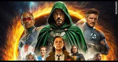 Avengers Doomsday fan-made concept poster featuring a powerful superhero ensemble against a fiery cosmic background