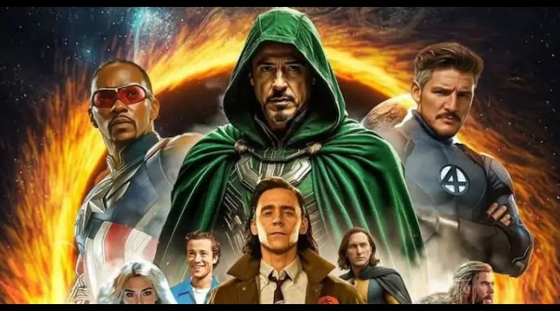 Avengers Doomsday fan-made concept poster featuring a powerful superhero ensemble against a fiery cosmic background