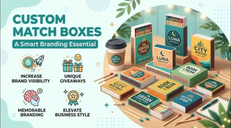 Custom Match Boxes infographic showing branded matchbox packaging for cafes, hotels, boutiques, and business giveaways.