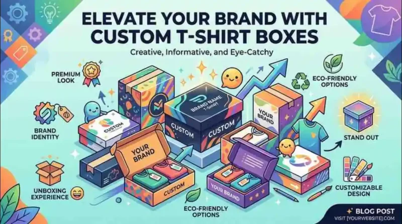 Custom T-shirt Boxes infographic showing colorful branded apparel packaging with eco-friendly and premium design features.