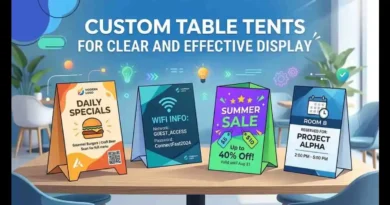 Custom Table Tents display infographic showing restaurant specials, WiFi info, sale signs, and event table signage.