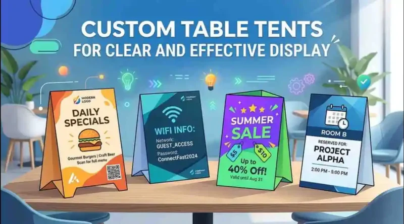 Custom Table Tents display infographic showing restaurant specials, WiFi info, sale signs, and event table signage.