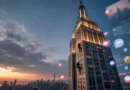 Empire State Building climbers scaling the exterior at dusk as social media reactions and viral posts surround the New York City skyline