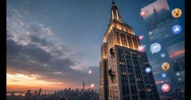 Empire State Building climbers scaling the exterior at dusk as social media reactions and viral posts surround the New York City skyline