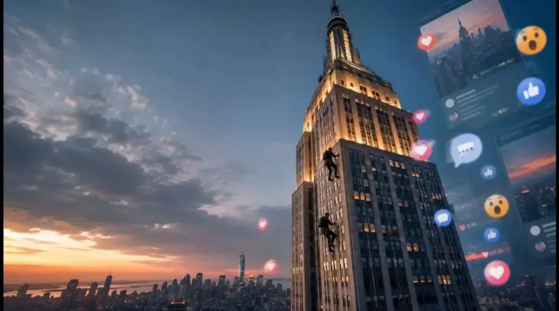 Empire State Building climbers scaling the exterior at dusk as social media reactions and viral posts surround the New York City skyline