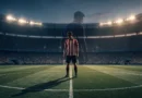 Cinematic sports illustration of a lone footballer in a generic red-and-white striped kit, standing in a large Premier League stadium center circle at dusk. A subtle double-exposure effect overlays a silhouette in a dark blue kit, representing Jordan Henderson's career transition and comeback story.