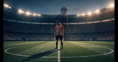 Cinematic sports illustration of a lone footballer in a generic red-and-white striped kit, standing in a large Premier League stadium center circle at dusk. A subtle double-exposure effect overlays a silhouette in a dark blue kit, representing Jordan Henderson's career transition and comeback story.