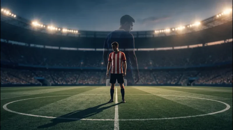 Cinematic sports illustration of a lone footballer in a generic red-and-white striped kit, standing in a large Premier League stadium center circle at dusk. A subtle double-exposure effect overlays a silhouette in a dark blue kit, representing Jordan Henderson's career transition and comeback story.