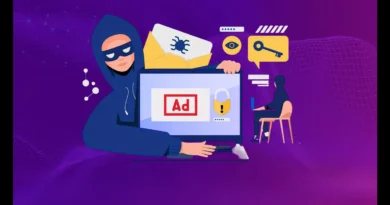 Web Ad Fraud illustration showing hackers, bots, fake ad clicks and digital advertising security threats