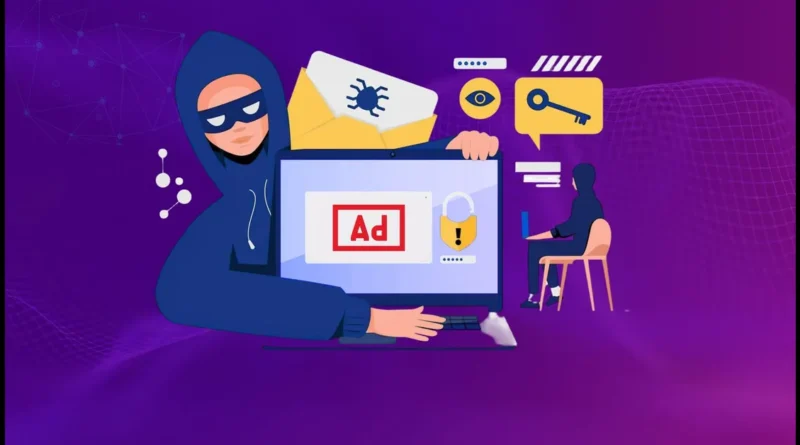 Web Ad Fraud illustration showing hackers, bots, fake ad clicks and digital advertising security threats