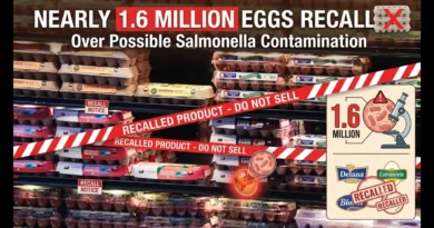 Grocery shelf with egg cartons marked with red caution tape for nearly 1.6 million eggs recalled over salmonella contamination.