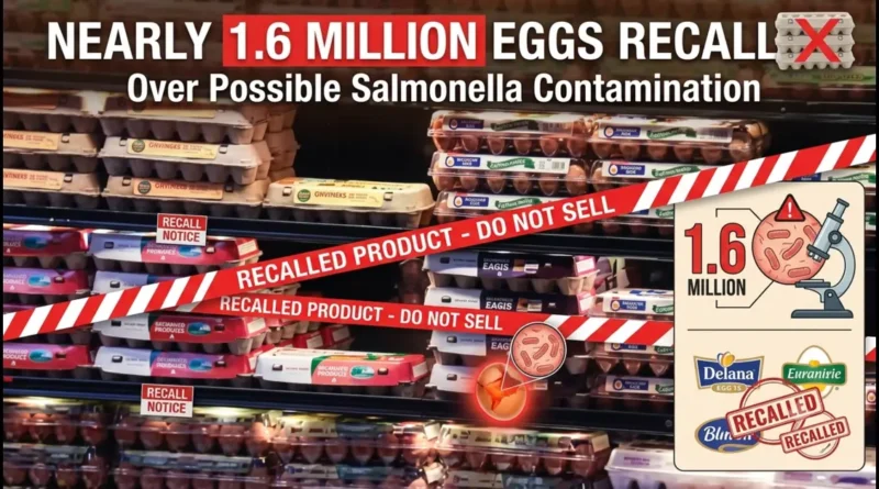 Grocery shelf with egg cartons marked with red caution tape for nearly 1.6 million eggs recalled over salmonella contamination.