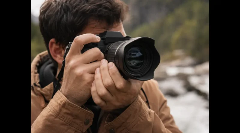 Photographer demonstrating how to fix shaky hands photography by holding a mirrorless camera securely at eye level outdoors.