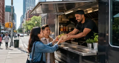 Food truck owner serving customers in New York City while learning how to start a food truck