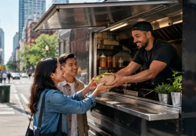Food truck owner serving customers in New York City while learning how to start a food truck