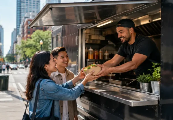 Food truck owner serving customers in New York City while learning how to start a food truck