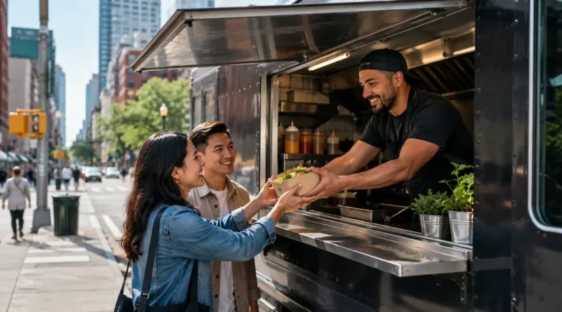 Food truck owner serving customers in New York City while learning how to start a food truck