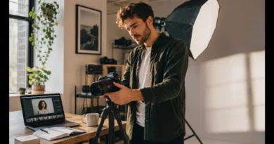 Freelance photographer setting up a camera in a home studio, showing how to start a photography business with basic equipment.