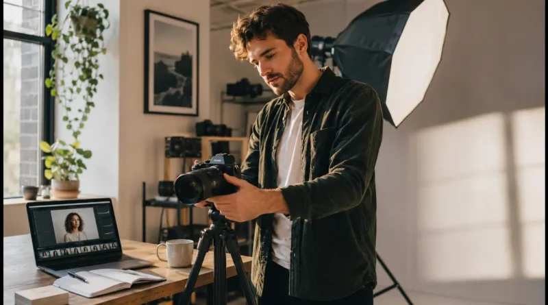 Freelance photographer setting up a camera in a home studio, showing how to start a photography business with basic equipment.