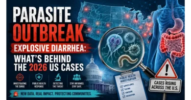 Parasite outbreak explosive diarrhea infographic showing a US map with rising case hotspots, intestinal system, magnified parasites, and public health investigation details.