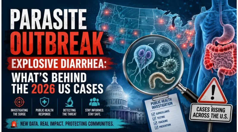 Parasite outbreak explosive diarrhea infographic showing a US map with rising case hotspots, intestinal system, magnified parasites, and public health investigation details.