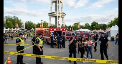 Police officers and an ambulance crew respond to a shooting at a public festival in Seattle Center, with the Space Needle visible in the background.