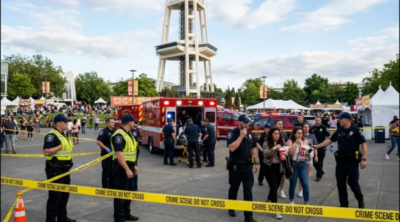 Police officers and an ambulance crew respond to a shooting at a public festival in Seattle Center, with the Space Needle visible in the background.