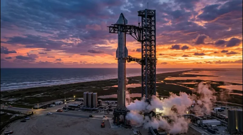 Aerial photograph of the SpaceX Starship Flight 13 launch stack, including the Super Heavy booster and Starship upper stage, actively venting and billowing smoke at the Starbase launch tower in Boca Chica, Texas, set against a dramatic sunset sky over the Gulf of Mexico.
