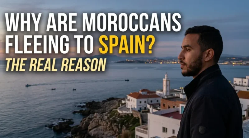 A young Moroccan man looking thoughtfully across the Strait of Gibraltar toward Spain at twilight, illustrating the blog post title "Why Are Moroccans Fleeing to Spain?"
